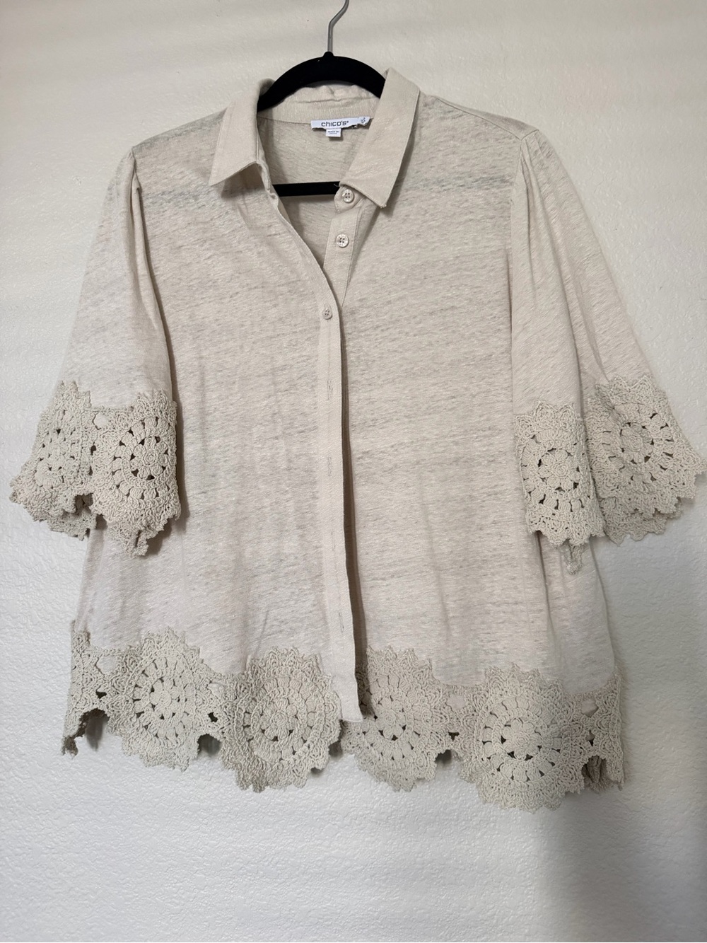 Chico's Cream Crochet-Trim Button Front Top